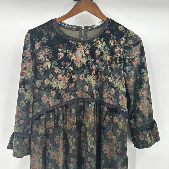 POL Babydoll Top Womens Medium Green Velvet Grunge Goth Victorian Fairy Tunic - Picture 2 of 14